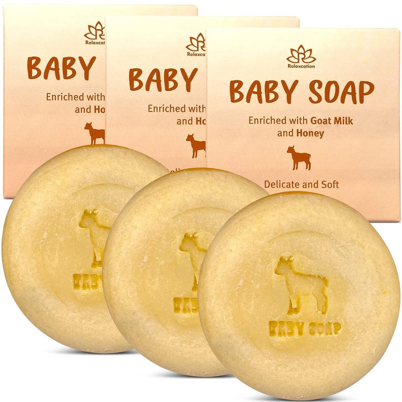 Relaxcation 3 Baby Soap Bars with Goat Milk and Honey - Naturally Cold Processed from Organic Ingredients - Handmade in USA - Ideal fro Newborns, babys, Kids and Adults (Pack of 3 - Image 1